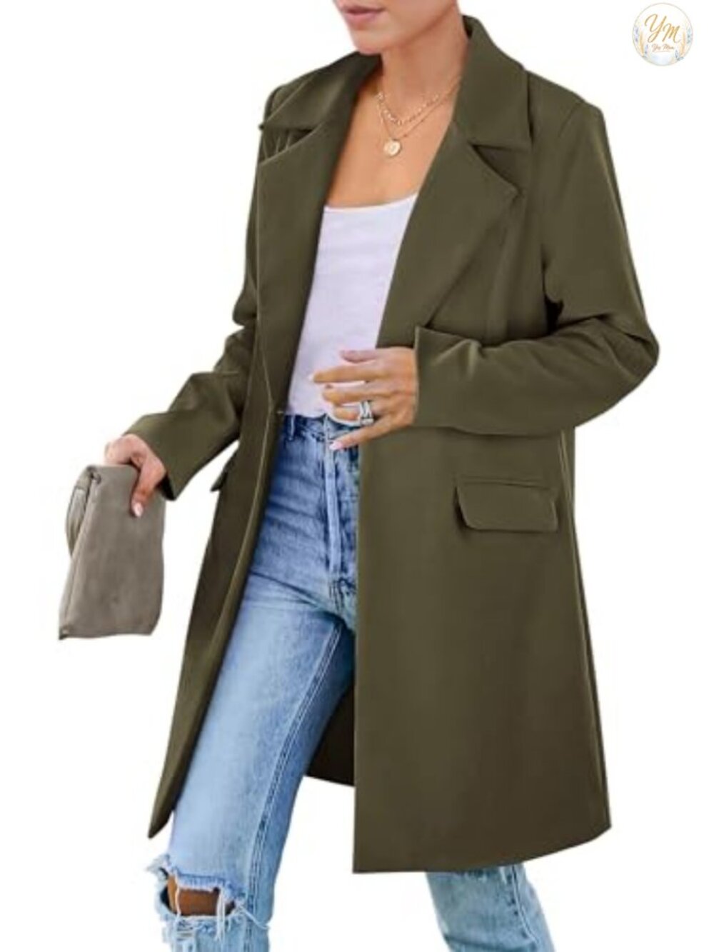 Long Blazer Jacket Women Business Casual Notch Lapel Padded Shoulder Flap